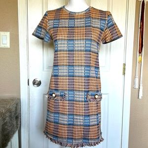 S Zara orange/blue stretchy tweed dress